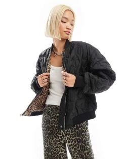 Monki Reversible Oversized Bomber Jacket In Black Quilted Star And Leopard Print For Women Black And Leopard -Monki Shop 207123749 3