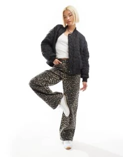 Monki Reversible Oversized Bomber Jacket In Black Quilted Star And Leopard Print For Women Black And Leopard -Monki Shop 207123749 4