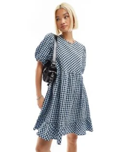 Monki Short Sleeve Smock Mini Dress In Blue Check For Women -Monki Shop 207123757 1 bluecheck 1