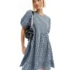 Monki Short Sleeve Smock Mini Dress In Blue Check For Women