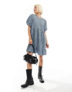Monki Short Sleeve Smock Mini Dress In Blue Check For Women -Monki Shop 207123757 4