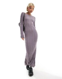 Monki Long Sleeve Knitted Slim Fit Maxi Dress In Lilac For Women -Monki Shop 207123806 3