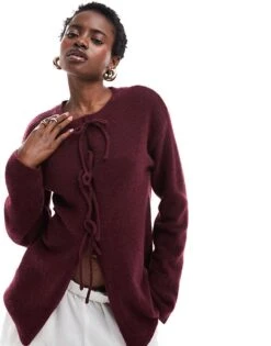 Monki Knit Bow Tie Up Cardigan In Burgundy For Women