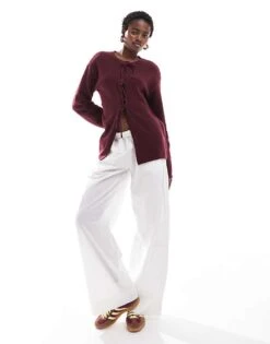 Monki Knit Bow Tie Up Cardigan In Burgundy For Women -Monki Shop 207123809 3