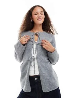 Monki Knit Bow Tie Up Cardigan In Grey Melange For Women -Monki Shop 207123863 3