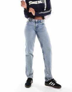 Monki Moop Low Rise Straight Leg Jeans In Mid Blue For Women