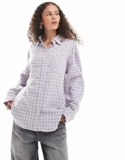 Monki Long Sleeve Flannel Shirt In Lavender Check For Women -Monki Shop 207123976 1 lavendercheck 1