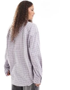 Monki Long Sleeve Flannel Shirt In Lavender Check For Women -Monki Shop 207123976 3
