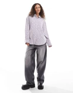 Monki Long Sleeve Flannel Shirt In Lavender Check For Women -Monki Shop 207123976 4
