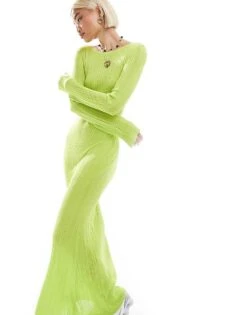 Monki Long Sleeve Knitted Slim Fit Maxi Dress In Lime Green For Women