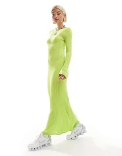 Monki Long Sleeve Knitted Slim Fit Maxi Dress In Lime Green For Women -Monki Shop 207124042 3