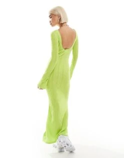 Monki Long Sleeve Knitted Slim Fit Maxi Dress In Lime Green For Women -Monki Shop 207124042 4