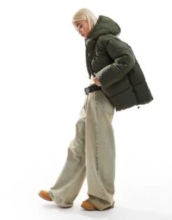 Monki Oversized Padded Coat In Khaki For Women