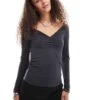 Monki Jersey Long Sleeve Top With Ruched V Front In Black For Women