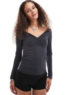 Monki Jersey Long Sleeve Top With Ruched V Front In Black For Women