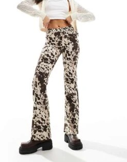 Monki Regular Fit Flare Cotton Trousers In Brown Cow Print For Women -Monki Shop 207124154 5