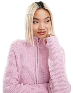 Monki Ribbed Knitted Two Way Zip Cardigan In Pink Acid Wash For Women