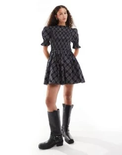 Monki Puff Sleeve Shirred Structured Mini Dress In Grey Check For Women -Monki Shop 207124216 1 greycheck 1