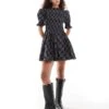 Monki Puff Sleeve Shirred Structured Mini Dress In Grey Check For Women -Monki Shop 207124216 1 greycheck