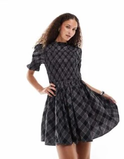 Monki Puff Sleeve Shirred Structured Mini Dress In Grey Check For Women -Monki Shop 207124216 2