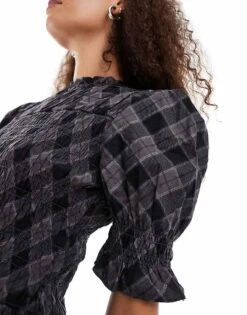 Monki Puff Sleeve Shirred Structured Mini Dress In Grey Check For Women -Monki Shop 207124216 3