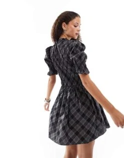 Monki Puff Sleeve Shirred Structured Mini Dress In Grey Check For Women -Monki Shop 207124216 4