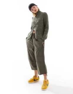 Monki Ribbed Knitted Two Way Zip Cardigan In Dark Green For Women Khai -Monki Shop 207124243 3