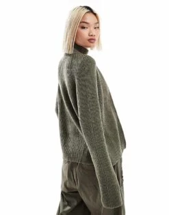 Monki Ribbed Knitted Two Way Zip Cardigan In Dark Green For Women Khai -Monki Shop 207124243 4