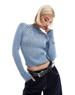 Monki Long Sleeve Knitted Two Tone Top In Blue And Navy For Women -Monki Shop 207124270 1 blueandnavy 1