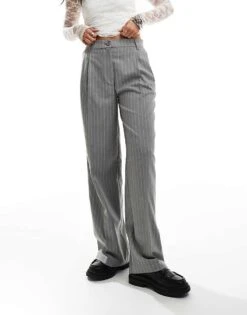 Monki High Waist Tailored Trousers In Grey With White Pinstripe For Women Grey Pinstripe -Monki Shop 207124313 1 greypinstripe 1