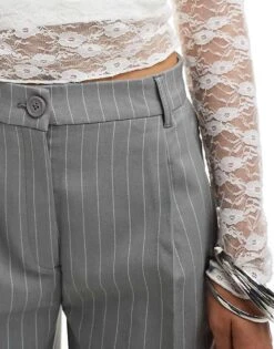Monki High Waist Tailored Trousers In Grey With White Pinstripe For Women Grey Pinstripe -Monki Shop 207124313 3