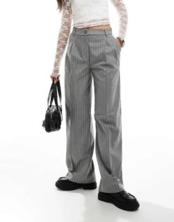 Monki High Waist Tailored Trousers In Grey With White Pinstripe For Women Grey Pinstripe -Monki Shop 207124313 5