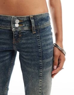 Monki Nicole Low Waist Flare Jeans With Seam Details In Darkwash Canyon Blue For Women Darwash Blue -Monki Shop 207124326 5