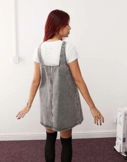 Monki Mini Denim Dungaree Dress In Dark Grey Wash For Women -Monki Shop 207124342 4