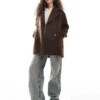 Monki Brushed Fur Double Breasted Coat In Brown For Women