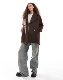 Monki Brushed Fur Double Breasted Coat In Brown For Women