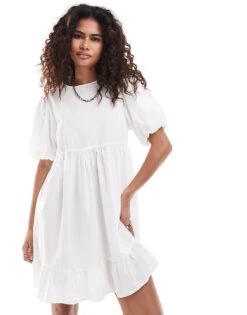 Monki Short Sleeve Smock Mini Dress In White For Women -Monki Shop 207128099 1 white 1