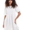 Monki Short Sleeve Smock Mini Dress In White For Women