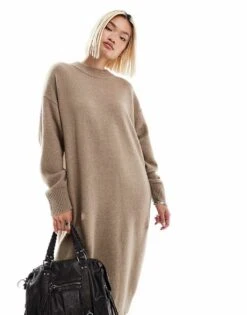 Monki Long Sleeve Knitted Midi Dress In Beige For Women -Monki Shop 207128107 2