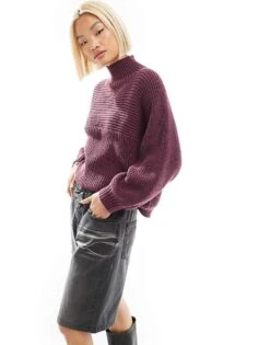 Monki Libby High Neck Knitted Rib Jumper In Burgundy For Women -Monki Shop 207128137 1 burgundy 1