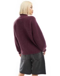 Monki Libby High Neck Knitted Rib Jumper In Burgundy For Women -Monki Shop 207128137 2