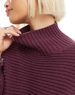 Monki Libby High Neck Knitted Rib Jumper In Burgundy For Women -Monki Shop 207128137 3