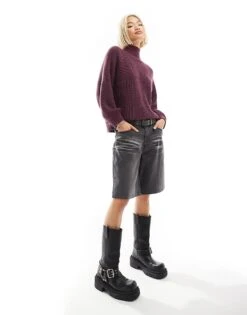 Monki Libby High Neck Knitted Rib Jumper In Burgundy For Women -Monki Shop 207128137 4