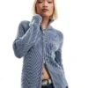 Monki Ribbed Knitted Two Way Zip Cardigan In Blue Acid Wash For Women