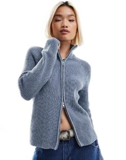 Monki Ribbed Knitted Two Way Zip Cardigan In Blue Acid Wash For Women