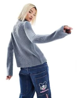 Monki Ribbed Knitted Two Way Zip Cardigan In Blue Acid Wash For Women -Monki Shop 207128211 4