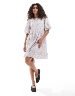 Monki Short Sleeve Smock Mini Dress In Pink Check For Women -Monki Shop 207128249 1 pinkcheck 1