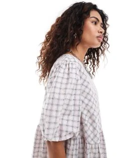 Monki Short Sleeve Smock Mini Dress In Pink Check For Women -Monki Shop 207128249 2