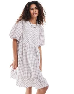 Monki Short Sleeve Smock Mini Dress In Pink Check For Women -Monki Shop 207128249 4