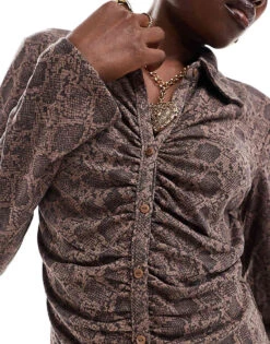 Monki Long Sleeve Jersey Ruched Shirt In Brown Snake Print For Women -Monki Shop 207128256 3
